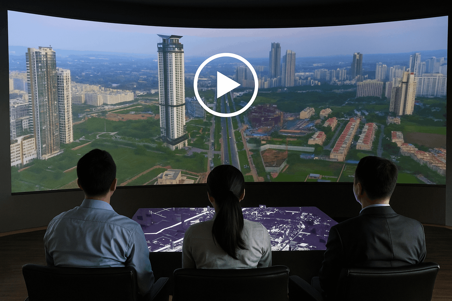Group interacting with a large curved screen that displays a 3D city model